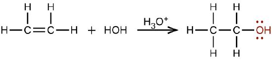 This reaction shows two carbons connected by a double bond, each with two bonded H atoms plus H O H arrow labeled “H subscript 3 O superscript plus” followed by two carbon atoms connected with a single bond with 5 bonded H atoms and an O H group shown in red at the right end of the molecule. The O of this group is shown with 2 pairs of electron dots.