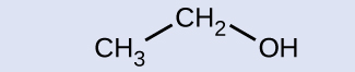 A molecular structure is shown. A C H subscript 3 group is bonded up and to the right to a C H subscript 2 group. Bonded to the C H subscript 2 group down and to the right is an O H group.