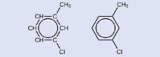 A hexagonal structure of benzene is shown with one of the H replaced by a chlorine atom and another H replaced by C H subscript 3. These two substitutions are apart by 1 carbon atom. Two structures are shown, one shows all the C and H in the ring written out, while the other omits it.