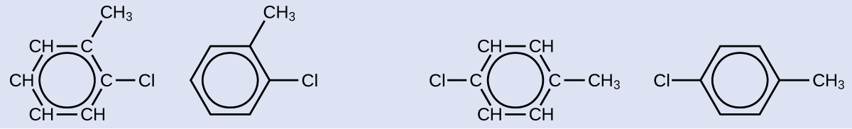 A hexagonal structure of benzene is shown with one of the H replaced by a chlorine atom and another H replaced by C H subscript 3. There are two of these isomers. The first isomer has these two substitutions adjacent to one another while the other are apart by 2 carbons. Two structures are shown for each isomer, one shows all the C and H in the ring written out, while the other omits it.