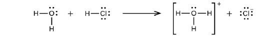A chemical equation is shown. To the left, two hydrogen atoms are linked, each with a single dash to a central oxygen atom to the left and below the oxygen symbol, which has two pairs of dots, above and to the right of the atom. A plus sign is shown to the right, then a hydrogen atom linked to the left side of chlorine atom by a single dash with three pairs of dots, above, to the right, and below the element symbol. An arrow points to the products which are three hydrogen atoms linked by single dashes to a central oxygen atom shown in brackets with superscript plus. The oxygen atom has a single pair of dots above the element symbol. This is followed by a plus and C l superscript minus. This symbol is surrounded by four pairs of dots, above and below and to the left and right of the element symbol.