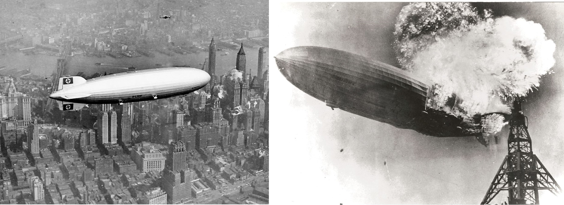 German airship Hindenburg (left) and Hindenburg crashing and exploding into a tower.