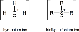 Line-bond structural formulas of a hydronium ion on the left and a trialkylsulfonium ion on the right