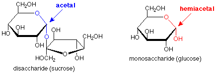 El disacárido (sacarosa) tiene un acetal y el monosacárido (glucosa) tiene un hemiacetal.