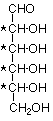 La glucosa se muestra desenrollada en línea recta con asteriscos que indican los cuatro carbonos estereogénicos.