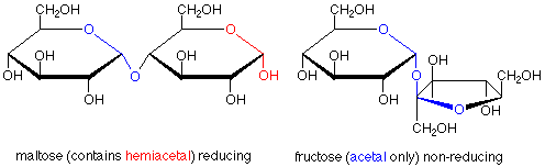 Maltose contains a hemiacetal and is reducing. Fructose only has an acetal and is non-reducing.