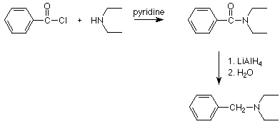 (C6H5)COCl reacts with NH(C2H5)2 and pyridine to form (C6H5)CON(C2H5)2. This reacts first with LiAlH4 and then with water to form (C6H5)CH2N(C2H5)2.