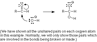 Hemos mostrado todos los pares no compartidos en cada átomo de oxígeno en este ejemplo. Normalmente, solo mostraremos aquellos pares que estén involucrados en que los bonos se hagan o se rompan.