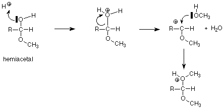 The lone pair on the oxygen in the OH part of the hemiacetal attacks a proton to create an H2O+ group. The water leaves and allows an HOCH3 group to attack the hemiacetal.