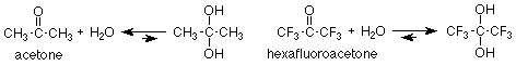 Reactions of acetone and hexafluoroacetone each with water are shown. Acetone is back favored and hexafluoroacetone is forward favored.