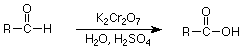 An aldehyde reacts with  K2Cr2O7 in the presence of H2O and H2SO4 to become oxidized into a carboxylic acid.