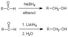 Un aldehído reacciona con NaBH4 en presencia de etanol para reducirse a un alcohol. Una reducción similar también se puede hacer en dos partes. El aldehído reacciona primero con LiAlH4 luego con agua para formar un alcohol.