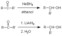 A ketone reacts with NaBH4 in the presence of ethanol to become reduced to an alcohol. Another ketone reacts first with LiAlH4 and then with water to form an alcohol.