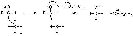 BH4- ataca el aldehído, rompiendo el enlace pi del carbonilo. El O- ataca un hidrógeno de un etanol para formar un alcohol.
