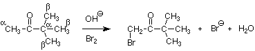 El carbono alfa es el carbono directamente adyacente al carbono carbonilo. Los carbonos beta son adyacentes a los carbonos alfa. Al reaccionar con OH- y Br2, el carbono alfa reaccionará para formar CH2Br.