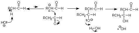 OH- attacks the hydrogen of the alpha carbon to create a negative carbon ion. The negative carbon attacks the carbonyl carbon of another aldehyde as the CO double bond breaks forming O-. The O- attacks the Hydrogen of a water molecule resulting in a hydroxy group and OH- as a side product.