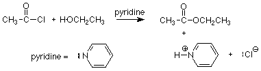 Acyl chloride reacts with ethanol and pyridine to form CH3-CO-OCH2CH3, protonated pyridine, and Cl-.