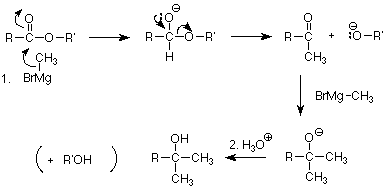 BrMgCH3 ataca el carbono carbonílico de un éster, rompiendo el doble enlace y añadiendo hidrógeno. O- reforma el doble enlace y empuja OR'- fuera del carbono carbonilo. El reactivo de Grignard agrega 2 grupos metilo al carbono carbonilo. RCO (CH3) 2 luego reacciona con H3O+ para protonar el O- y crear un alcohol.