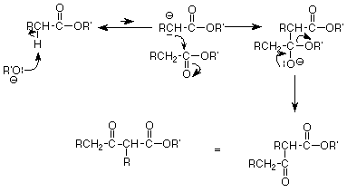 Detailed mechanism of an ester reacting with OR'- to form a beta keto ester.