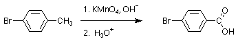 1-bromo-4-methylbenzene reacts first with KMnO4 and OH- than with H3O+ to make C6H4BrCOOH.