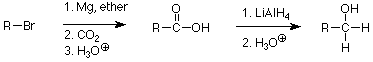 El RBr reacciona con Mg y éter luego con CO2 y luego con H3O+ para formar RCOOH que reacciona con LiAlH4 y luego con H3O+ para formar RCH2OH.