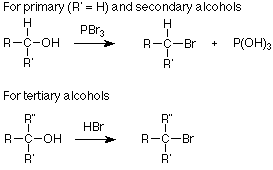 For primary and secondary alcohols, reacting with PBr3 will result in RCR'BrH and P(OH)3. For tertiary alcohols, reacting with HBr will result in RR'R''CBr.