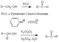 RCH2OH reacciona con clorocromato de piridinio para formar RCHO. RR'CHOH reacciona con K2Cr2O7 en presencia de H2SO4 y agua para formar RR"CO.