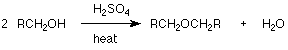 2 RCH2OH reacciona con H2SO4 y se calienta para formar RCH2OCH2R y agua.