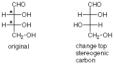 The original molecule is shown with one of the stereogenic carbons being changed.