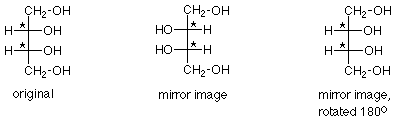 Fischer projections of the meso molecule, it's mirror image, and it's mirror image rotated by 180 degrees.