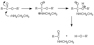 NH2CH2CH3 ataca el carbono carbonilo de un éster para unirse al éster y reducir el doble enlace carbonilo. El oxígeno del éter es protonado por un hidrógeno haciendo que el enlace éter se rompa formando RCONHCH2CH3 y un alcohol.
