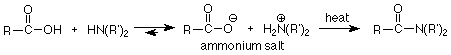 El ácido carboxílico reacciona con una amina secundaria para formar una sal de amonio (RCOO- y H2N (R') 2+). Esto reacciona con el calor para formar RCON (R') 2.