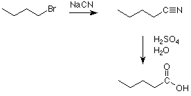 1-bromobutane reacts with sodium cyanide to form valeronitrile which reacts with sulphuric acid and water to form pentanoic acid.