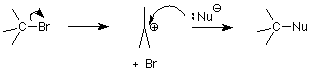 El 1-bromo-2,2-dimetiletano se muestra con bromo como grupo eliminable que crea un carbocatión en el carbono central. El nucleófilo ataca el carbocatión para crear 1-nucleófilo-2,2-dimetiletano.