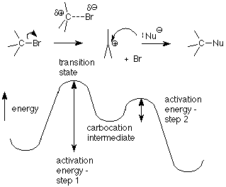 El estado de transición de la partida de bromie es el primer paso de mayor energía de la reacción. El carbocatión es aún mayor energía de los reactivos pero menor energía que el primer estado de transición. La segunda etapa (adición del nucleófilo) tiene otra energía de activación que es mayor energía que el carbocatión pero menor energía que la primera etapa. Los productos son la energía más baja de todos los estados.