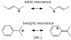 La resonancia alílica muestra el movimiento del carbocatión basado en la ubicación de un doble enlace. La resonancia bencílica muestra que el carbocatión se mueve de un grupo isopropilo a la estructura del anillo cuando el benceno pierde un doble enlace.