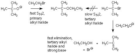 CH3C(CH3)2O- reacts with 1-bromoethane in a fast SN2 reaction forming CH3C(CH3)2OCH2CH3 which can also be formed from CH3C(CH3)2Br in a slow SN2 reaction. CH3C(CH3)2Br can also react with CH3CH2O- to form CH3C(CH3)CH2, ethanol. and Br-.