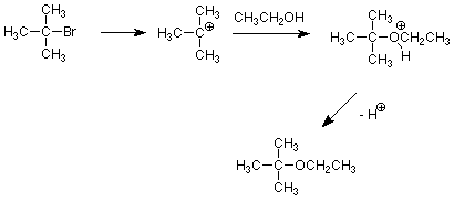 1-bromo-1,1-ethane forms a carbocation by losing bromine. The carbocation reacts with ethanol to form H3CC(CH3)2OHCH2CH3+. Through loss of the hydrogen on the oxygen, a more stable H3CC(CH3)2OCH2CH3.