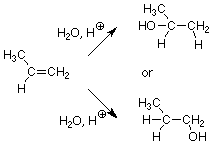 1-propene reacts with water and H+ to form 2-proanol or 1-propanol.
