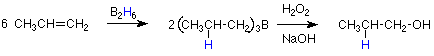 6 moléculas de 1-propeno reaccionan con diborano para formar 2 moléculas de (CH3CH2CH2) 3B. Esto luego reacciona con peróxido de hidrógeno e hidróxido de sodio para formar 1-propanol.