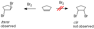 Cyclopentene reacts with bromine to form trans-1,2-dibromocyclopentane. The cis conformation is not observed.