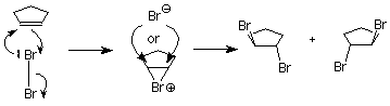 Cyclopentene attacks bromine as the lone pair on bromine attacks cyclopentene. The Br-Br bond is broken and the bromine is attached to the cyclopentane through sigma bonds with both carbons that were involved in the double bond causing bromine to hold a positive charge. The other bromine attacks one of the carbons attached to the bromine creating trans-1,2-dibromocyclopentane.