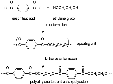 Terephthalic acid reacts with ethylene glycol to form an ester which creates the repeating unit of polyethylene terephthalate, or polyester.