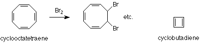Cyclooctatetraene reacts with bromine to from 7,8-bromo-cycloocta-1,3,5-triene. The structure of cyclobutadiene is shown.