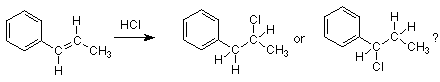 El fenilpropeno reacciona con cloruro de hidrógeno para formar 2-cloro-1-fenilpropano o 1-cloro-1-fenilpropano.