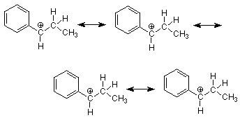 Estructuras de resonancia del fenilpropano con el carbocatión moviéndose entre el primer y segundo carbonos.