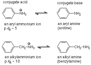 Un ion aril amonio con un pKa alrededor de 5 (el ácido conjugado) reacciona reversiblemente para formar una aril amina (la base conjugada). Un ion alquilaminio con un pKa alrededor de 10 (el ácido conjugado) reacciona reversiblemente para formar una alquilamina (la base conjugada).