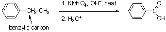 El etilbenceno reacciona con KMnO4, OH-, y se calienta, luego con H3O+ para formar ácido benzoico.