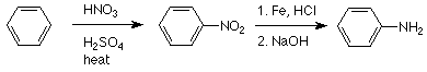 Benzene reacts with HNO3 and H2SO4 with heat to form nitrobenzene which then reacts with iron and HCl then with NaOH to form phenylamine.