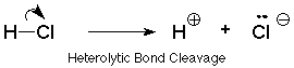Hydrochloric acid goes through heterolytic bond cleavage to form positive hydrogen and negative chlorine ions.